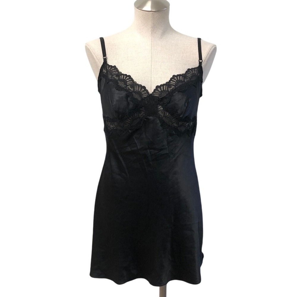 Victoria's Secret Slip Dress Womens Medium Black Satin Lace Trim Mini‎ Going Out